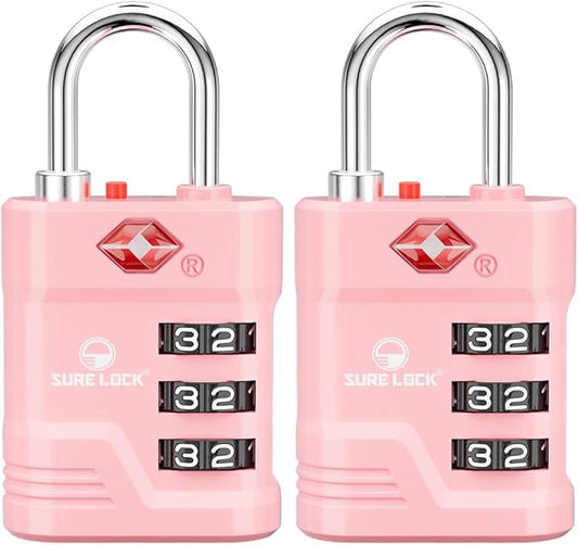 SURE LOCK TSA Locks for Luggage, TSA Approved Luggage Locks with Open Alert, 008 Key for High Security, Easy Read Dials, Zinc Alloy Body, Locker Lock for Suitcase, Gym, Travel.(Pink 2 pk)