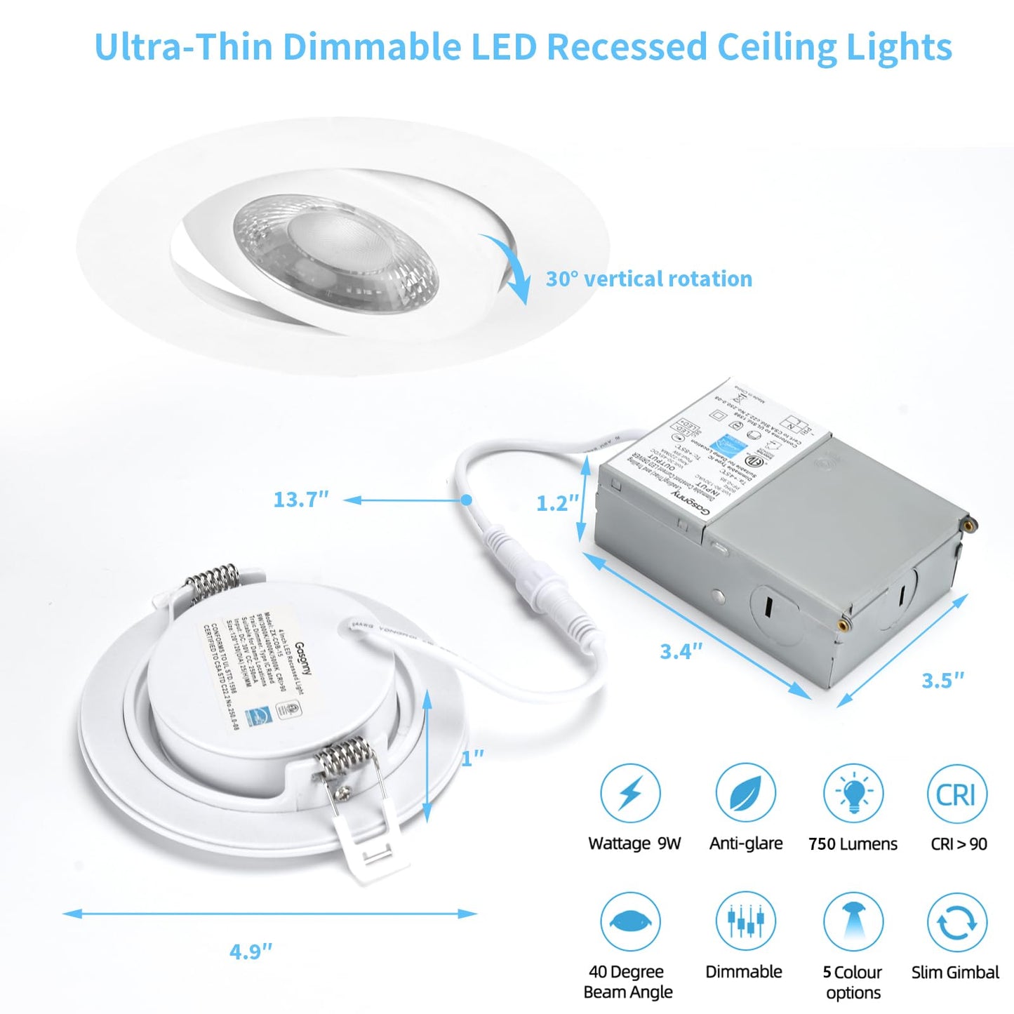 4 Inch Led Recessed lights ,Ultra-Thin Adjustable Eyeball Gimbal LED Recessed Lighting, with Junction Box 9 Watts,750lm, Dimmable geiling light ETL (2700K/3000K/3500K/4000K/5000K Option, 4pack)
