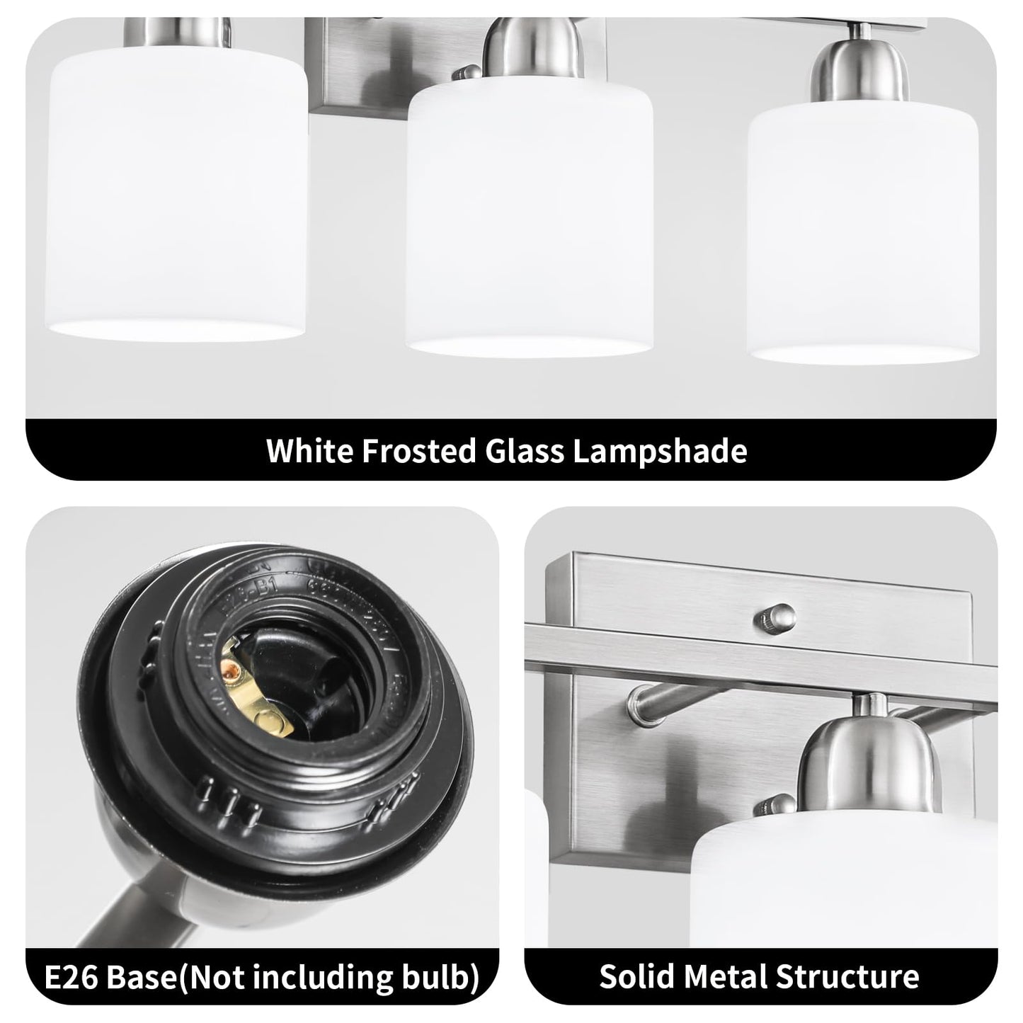 FAISHILAN Brushed Nickel Bathroom Light Fixture, Anti-Rust Finish 3 Light Vanity Lights for Bathroom, Bath Lights with Milky White Frosted Glass Shades, E26 Socket