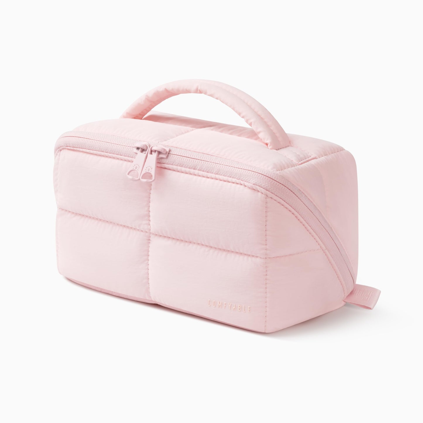 Comfyable Puffy Makeup Bag for Women, Compact Cosmetic Organiser for Girl, Cute Lightweight Travel Pouch, Open Flat Water-Repellent Make Up Bag, Light Pink
