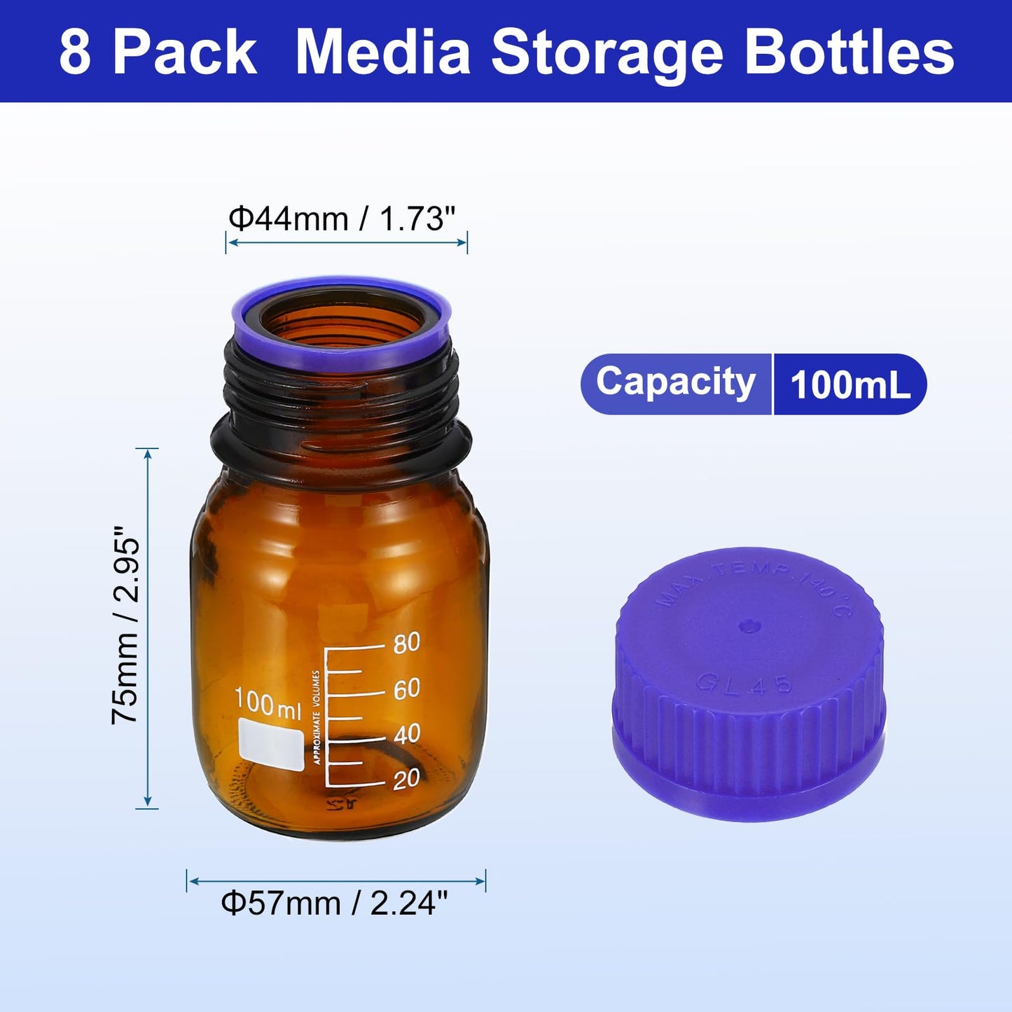 PATIKIL 8 Pack Reagent Media Storage Bottles, 100ml Borosilicate Glass Graduated Round Bottles with GL45 Blue Screw Cap for Lab Water Reagent Liquids, Brown