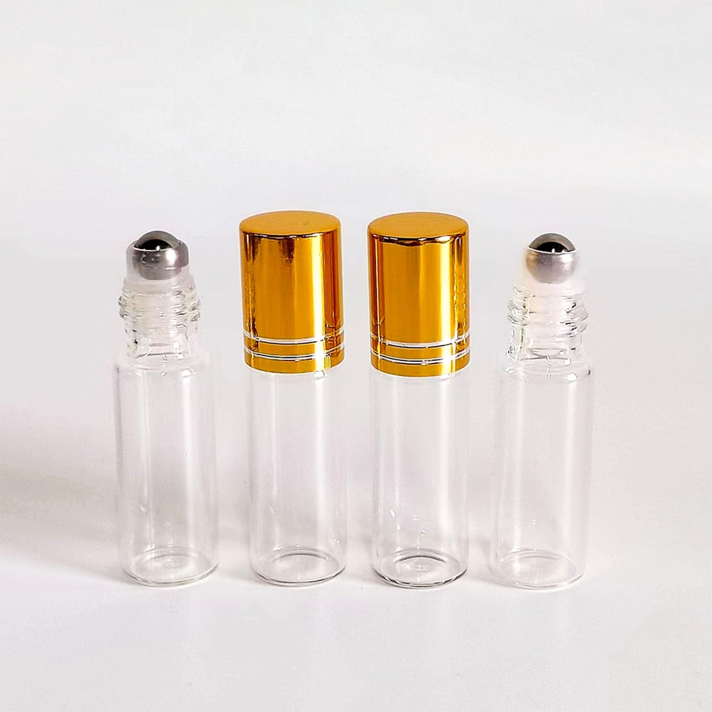 PYAWI 50 PCS 5ml Clear Glass Essential Oil Roller Bottles with Stainless Steel Roller Ball,Gold Caps,for Travel Perfume-2 Funnels, 2 Dropper, 1 Opener (5ml)