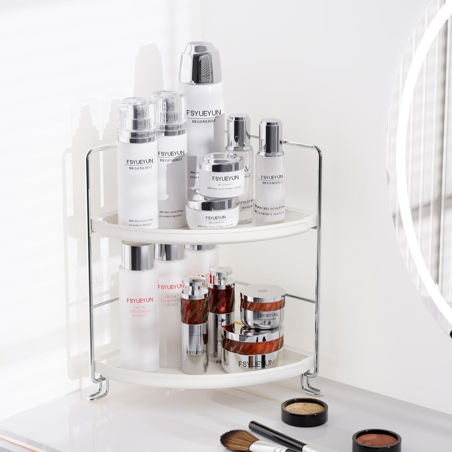 FSyueyun 2-Tier Corner Bathroom Counter Organizer, Tool-Less Installation Vanity Shelf Small Plastics Countertop Makeup Tray Skincare Perfume Organizers (Silver)