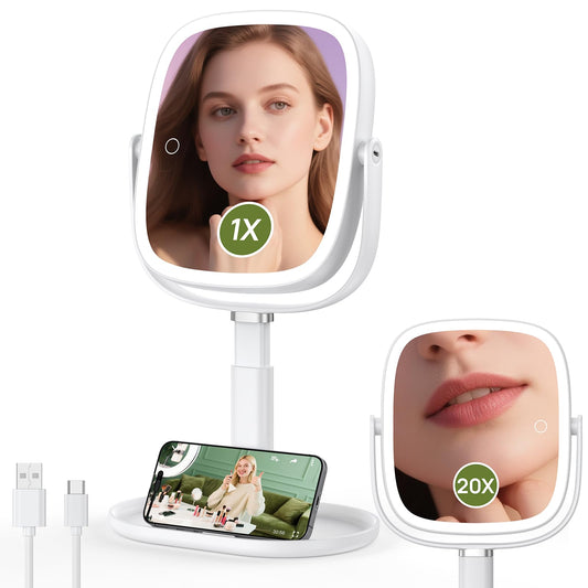 Glowtop Height Adjustable Lighted Makeup Mirror with Lights and Magnification, 1X 20X Magnifying Mirror with Light 4000mAh Rechargeable, Tray Base and Phone Stand for Desk, Gifts for Women (White)