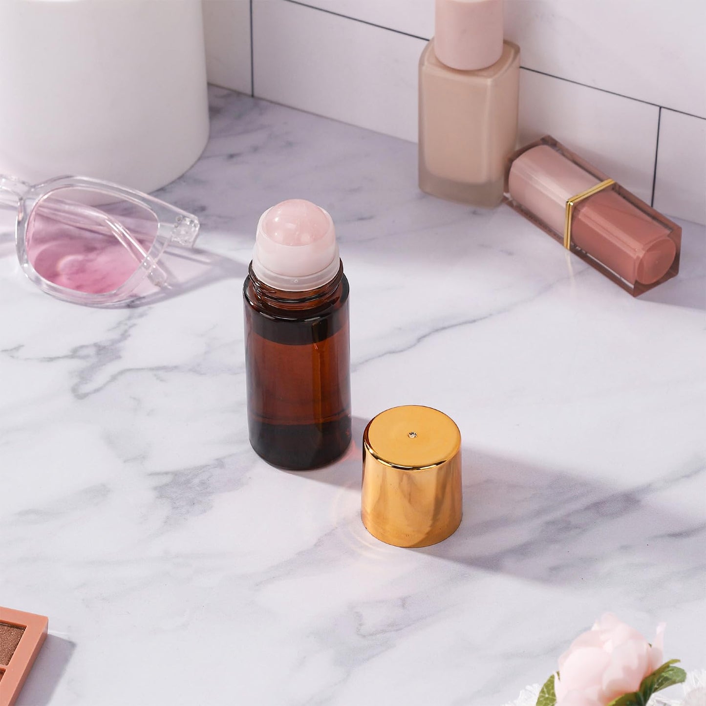 RAMFIYN 1.7oz Large Amber Glass Roll on Bottles for Essential Oils Perfume Refillable Roller Ball Applicator Empty Deodorant Containers with Pink Crystal Rollerball
