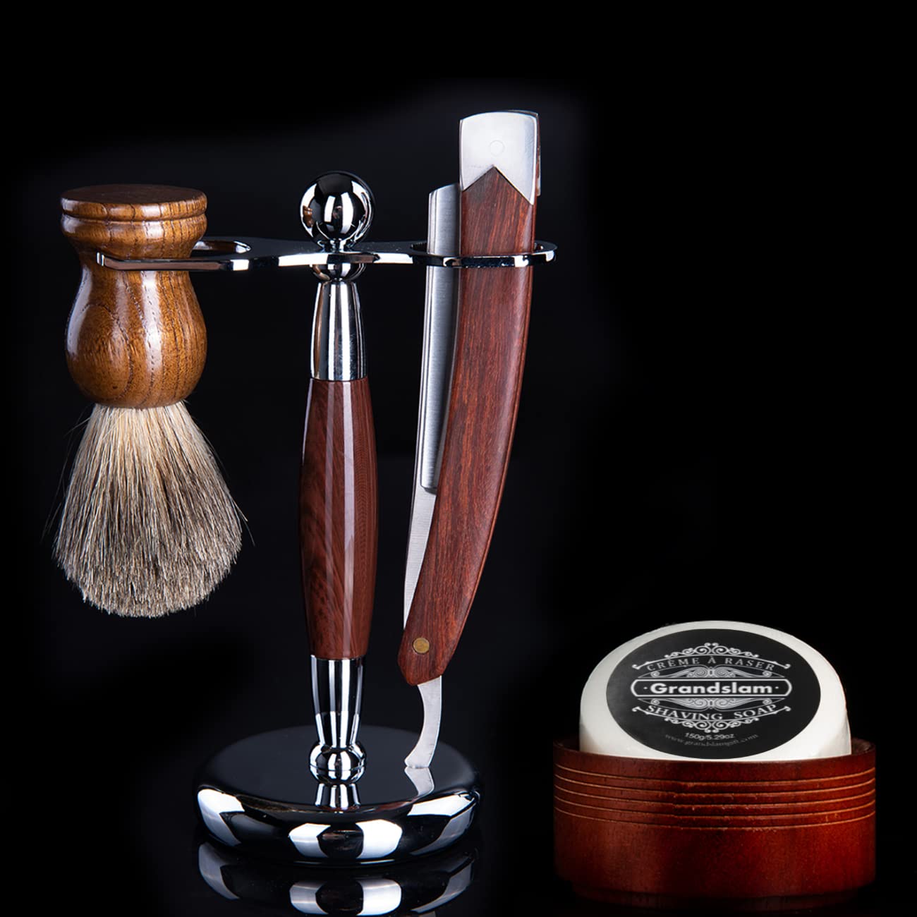 Grandslam Men Straight Shaving Razor Badger Hair Brush Stand Holder Leather Strop Soap Bowl