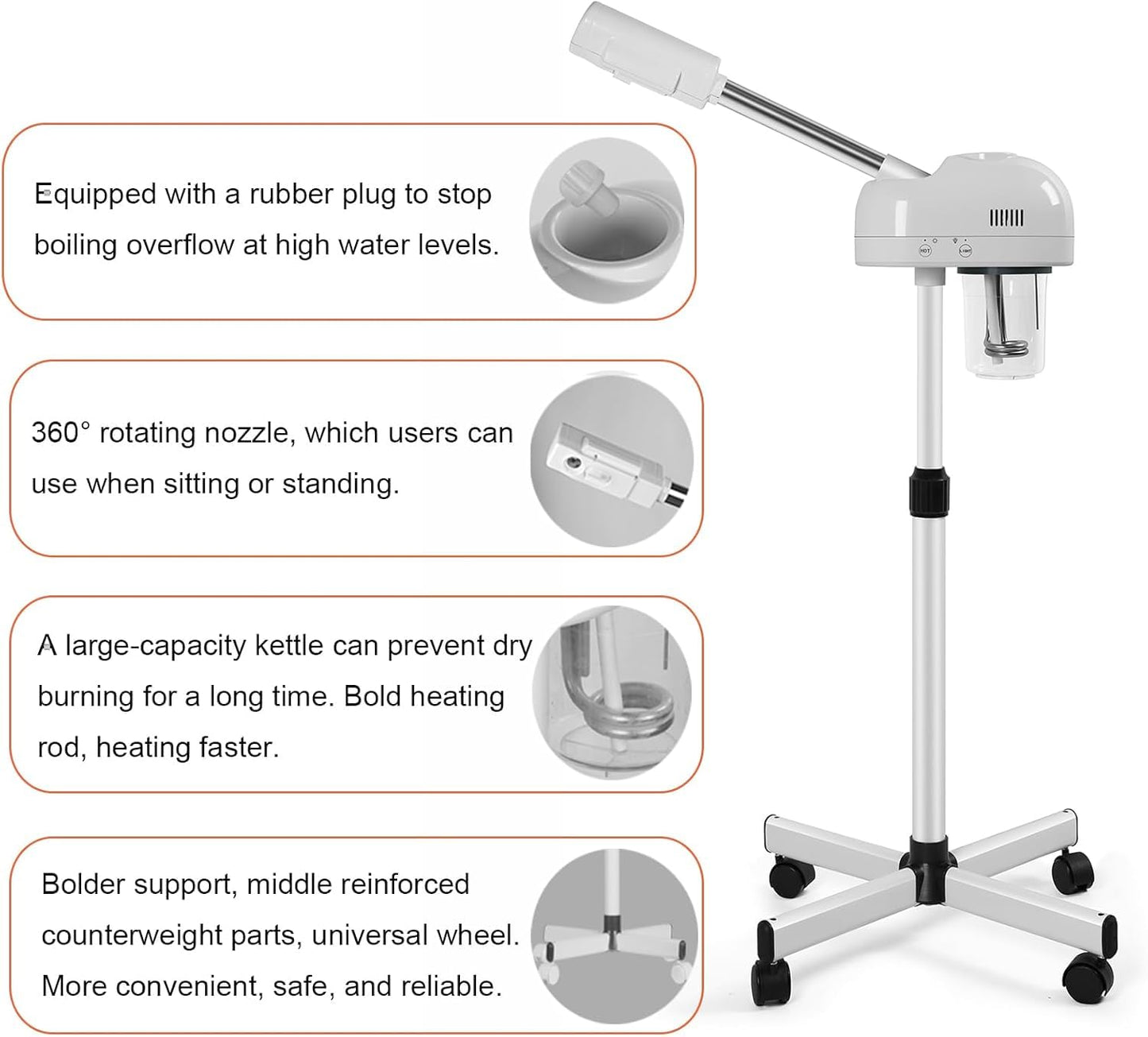 Professional Facial Steamer with Hot Mist Function, Stand Facial Steamer On Wheels, Height Adjustable & 360° Rotatable Nozzle, Use at Home & Salon SPA