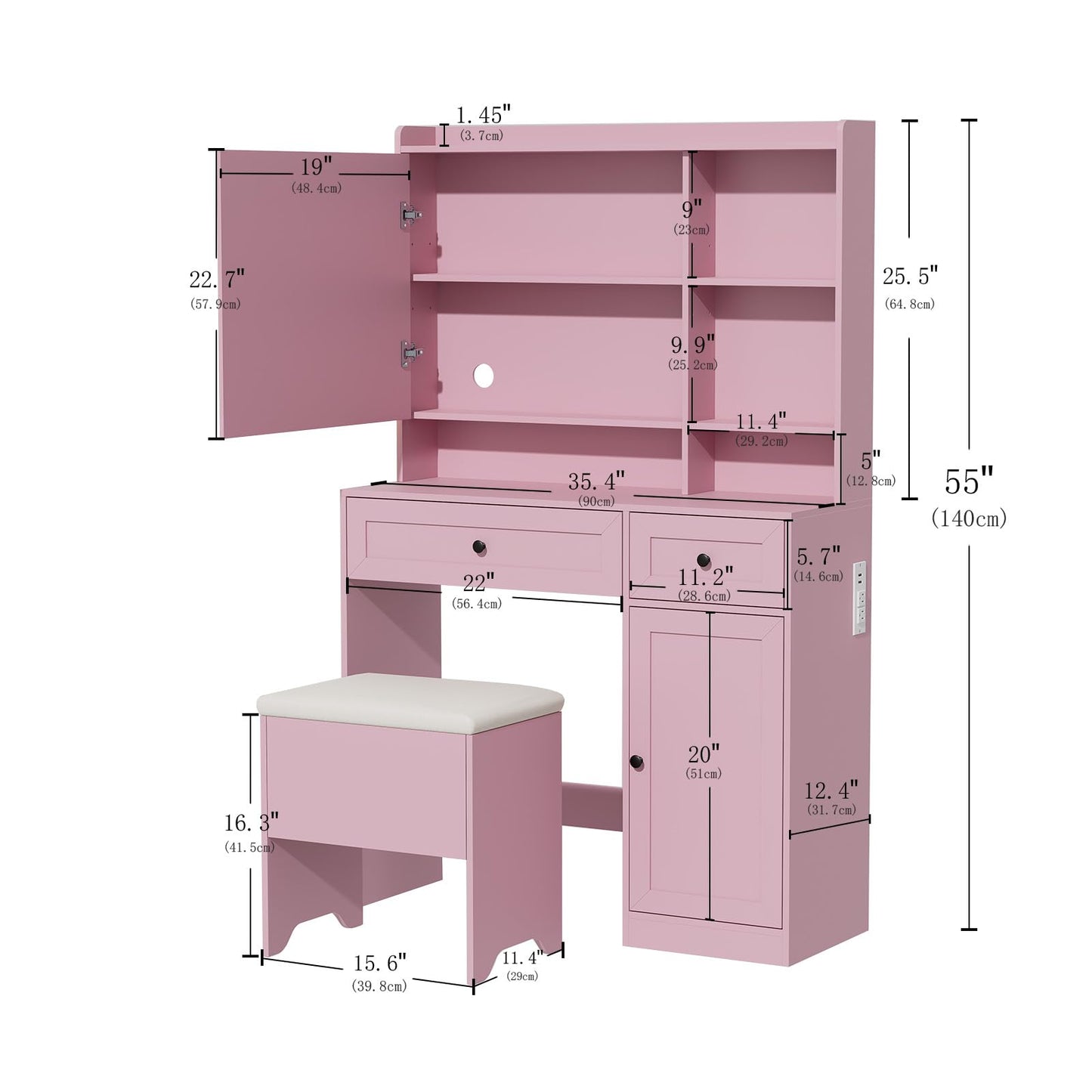 Hogxp Vanity Table with Hidden Storage & LED Mirror - Includes Padded Stool, 5 Compartments, 2 Drawers & 1 Storage Cabinet - Ideal Bedroom Makeup Dressing Table Pink