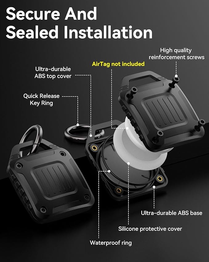 DDJ 4-Pack IPX8 Waterproof for AirTag Holder Case Keychain, Rugged Protective Case for Apple Airtag with Key Ring, Ultra Durable Air Tags Holder for Dog Collar/Luggage/Key/Backpack, Easy to Install