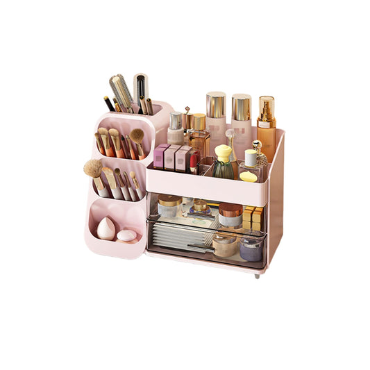 HEVOY Makeup Organizer with Drawer, Skincare Products Perfume Desk Storage Box, Beauty Holder Rack for Lipstick Brush Eyeliner, Cosmetic Display Case for Dresser Countertop & Bathroom Vanity (Pink)