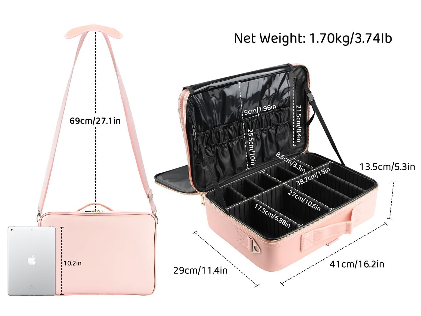 JOURMON Travel Makeup Train Case,Large Capacity Cosmetic Bags for Women,Portable Makeup Bag Organizer with Adjustable Dividers & Shoulder Strap(Pink, L)