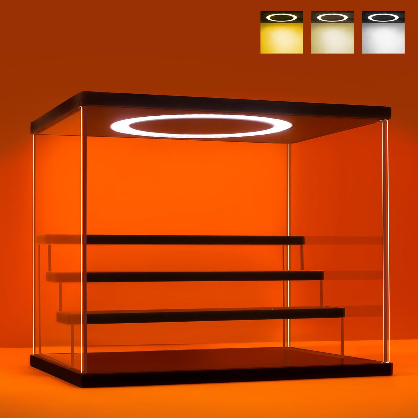 DORYBEN Acrylic Display Case with Adjustable LED Light, 4 Tier Clear Display Box Dustproof Showcase for Action Figures, Collectibles and Mini Toys, Assembly Display Cabinet(Black 12.5×9.5×10.4in)