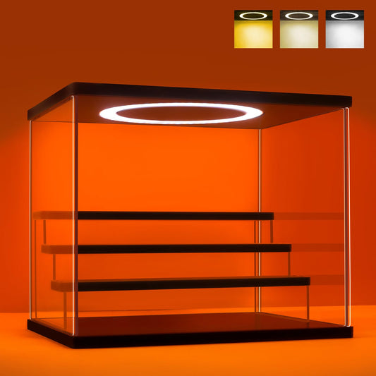 DORYBEN Acrylic Display Case with Adjustable LED Light, 4 Tier Clear Display Box Dustproof Showcase for Action Figures, Collectibles and Mini Toys, Assembly Display Cabinet(Black 12.5×9.5×10.4in)