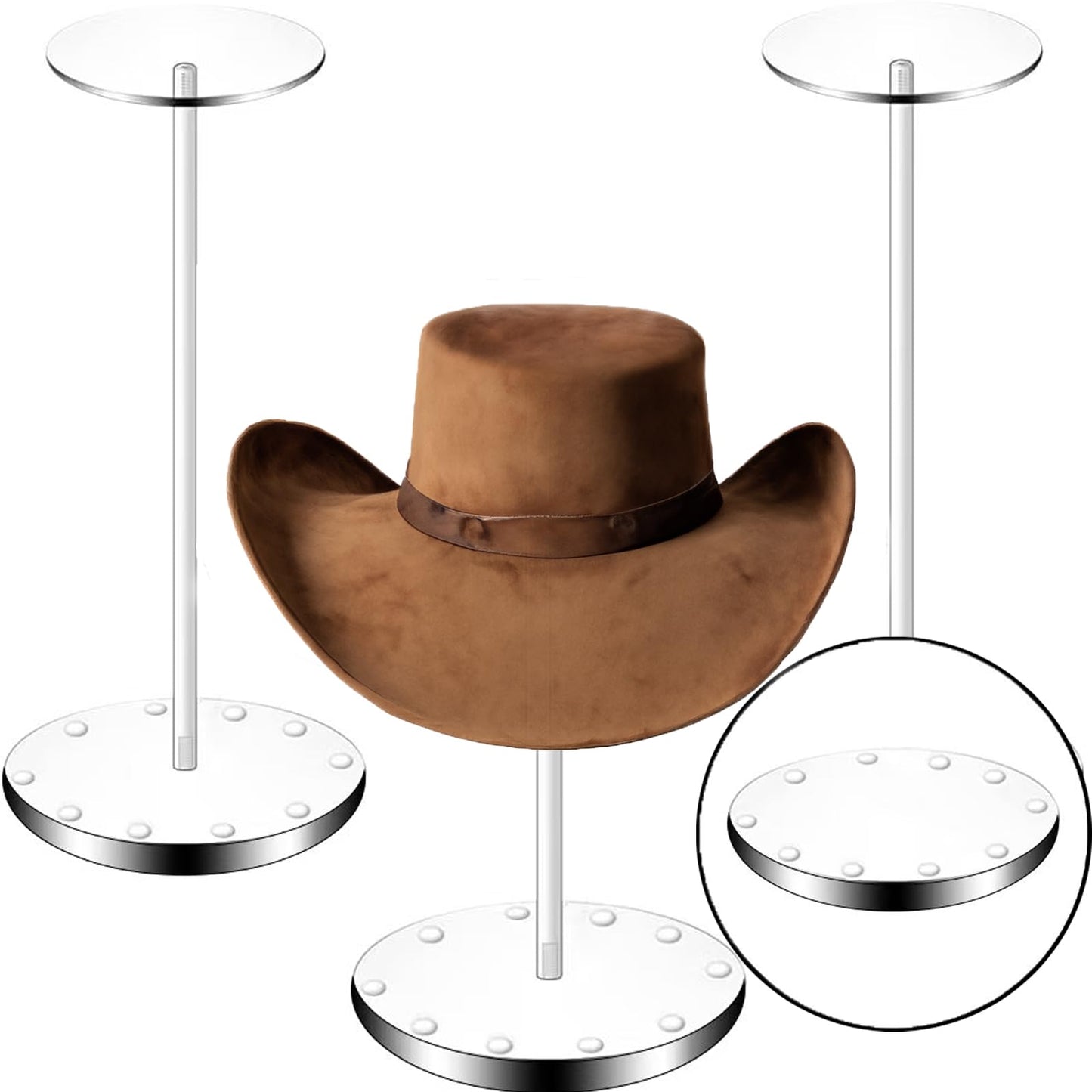 Hdkwby Acrylic Hat Display Stand 3 Pack- Thickened Base for Helmet, Wig, Cowboy Hat, Baseballcap, Closet Holder Rack Organizer( 11.8Inch Height)