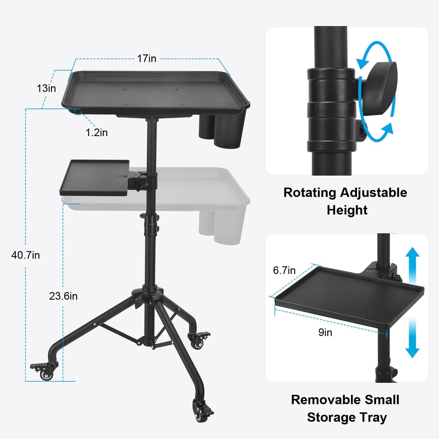 Salon Tray Cart on Wheels, Aluminum Tattoo Tray with Storage Platform, Adjustable Height Service Rolling Tray, Storage Tray Accessory for Salon Spa Dental Use, Rolling Tray Cart