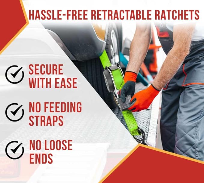 Mytee Products 8 Pack Retractable Ratchet Tie Down Straps w/S Hook - 1,500lb Break Strength Self Retracting Ratchet Straps for Haul Motorcycles, ATVs, Bikes, Trailer Tie-Down