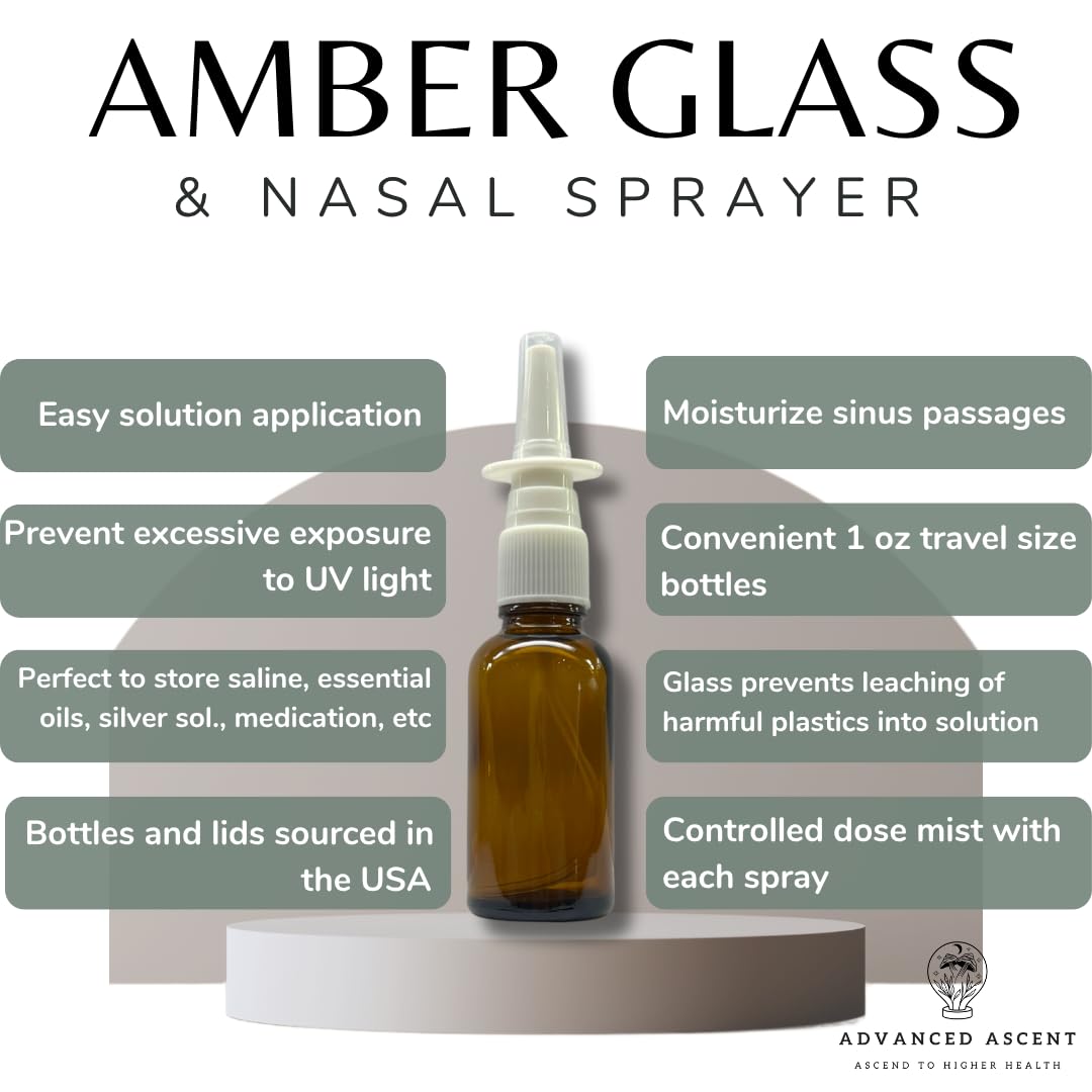 ADVANCED ASCENT Amber Glass 1 oz Nasal Sprayer! EMPTY, Refillable, Travel Sized, Quality Glass for Saline Applications! (6 Pack)