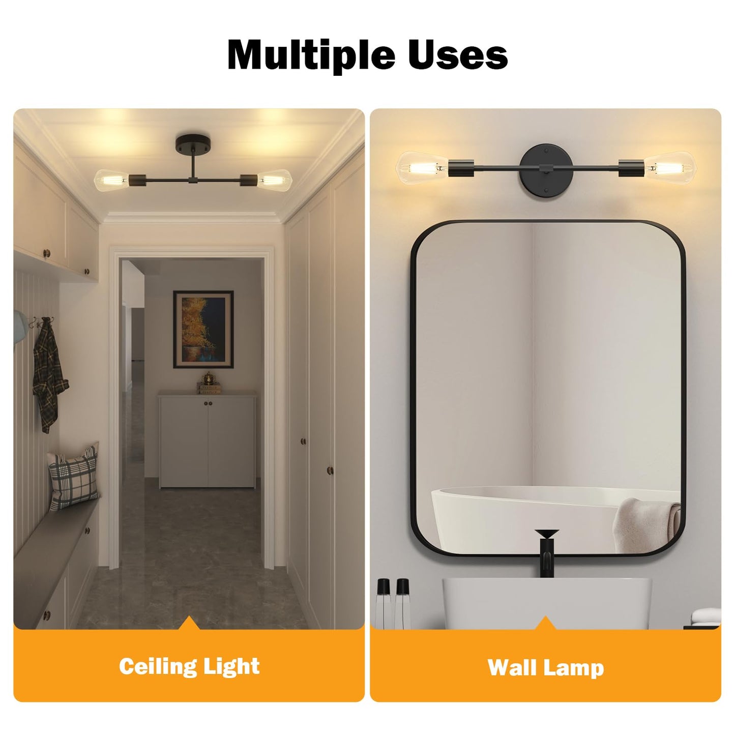 FadimiKoo 2-Light Black Bathroom Lighting Over Mirror, Modern Sconces Wall Light Fixtures, Indoor Semi Flush Mount Ceiling Light for Hallway Bedroom Kitchen (1 Pack)