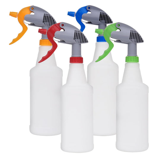 DrDirt Plastic Spray Bottles 33oz | Heavy Duty Empty Spray Bottle for Cleaning Solution | High Flow 3cc Acid & Alkali Resistant Alcohol Compatible | Ideal for Bathroom & Kitchen | 970ml 4 Pack Colors