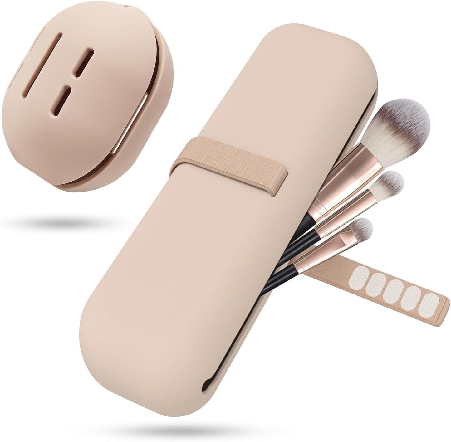 BSJIASHIWEI 2-in-1 Silicone Makeup Brush Holder Travel Case with Beauty Blender Pouch, Nylon Strap Closure, Odorless Waterproof Makeup Brush Organizer for Travel, Fits 12 Full-Size Brushes (Khaki)