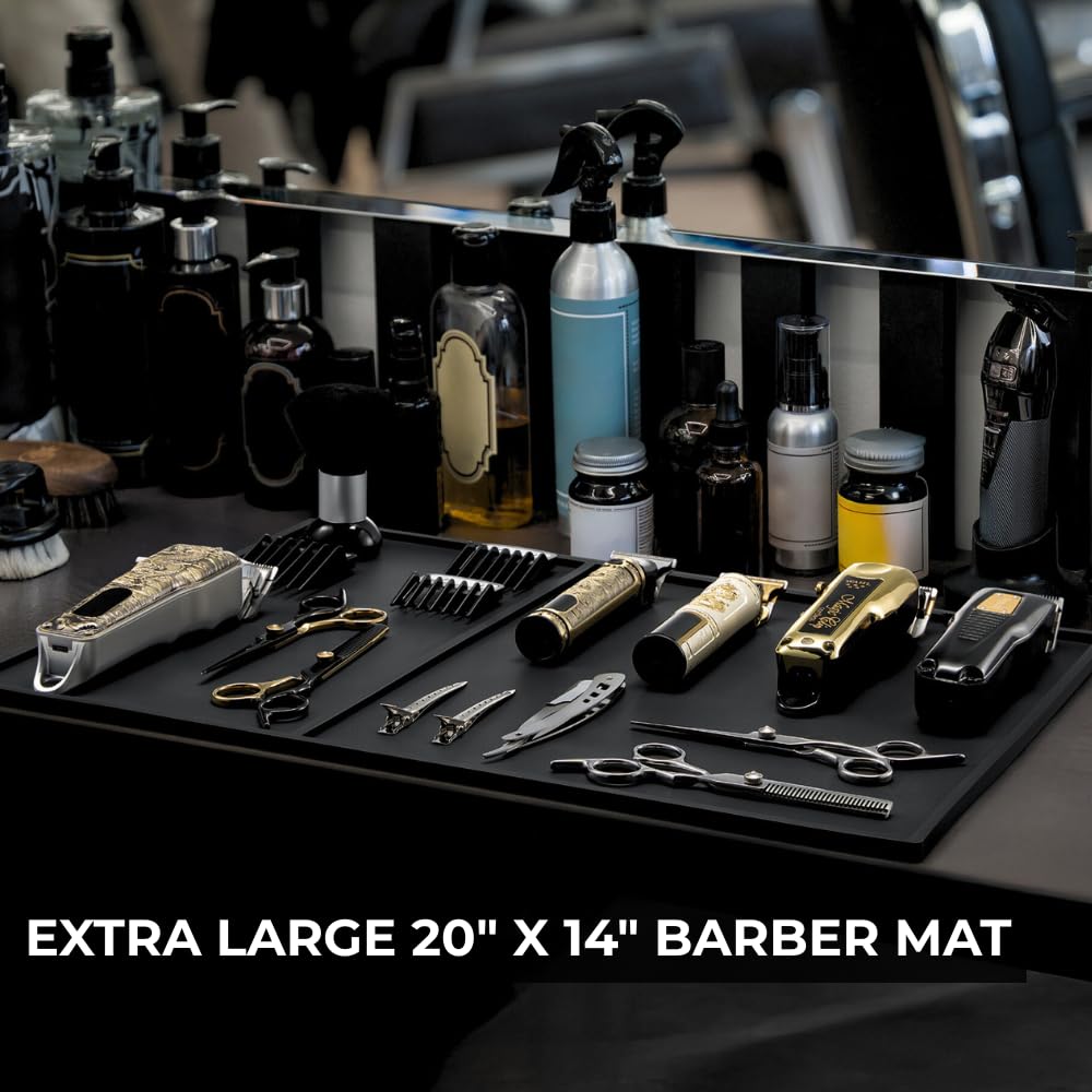 HAPPYPOSH Extra Large Barber Mat 20" x 14", Professional Non-Slip Barber Station Mat for Clippers & Tools, Rubber Barber Organizer Counter Pad, Easy-Clean Barbershop Workstation Mat. Black