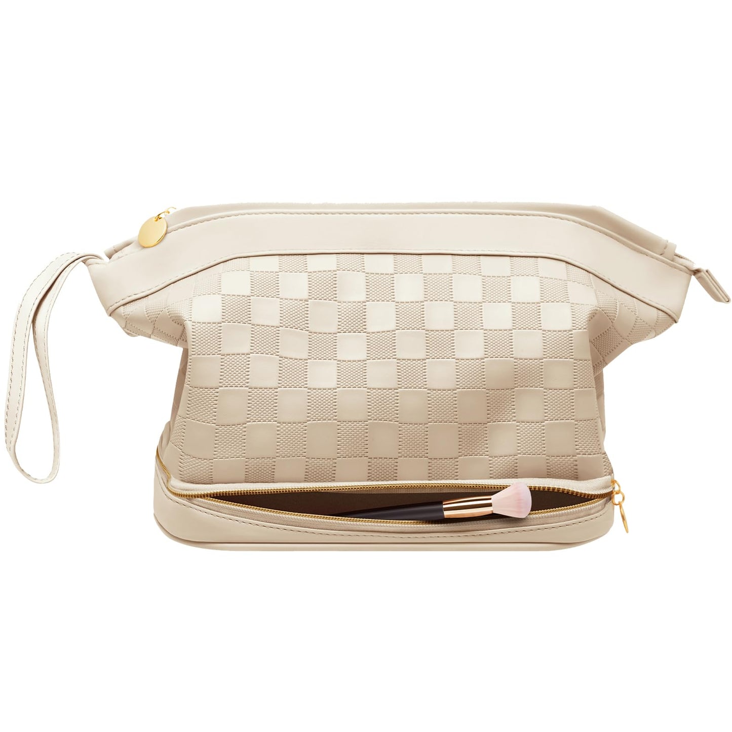 Hairao Large Makeup Bag for Women, Double Layer Travel Makeup Bag with Brush Compartment, Waterproof PU Leather Cosmetic Bag, Checkered Toiletry Bag Makeup Organizer for Skincare & Toiletries, Beige