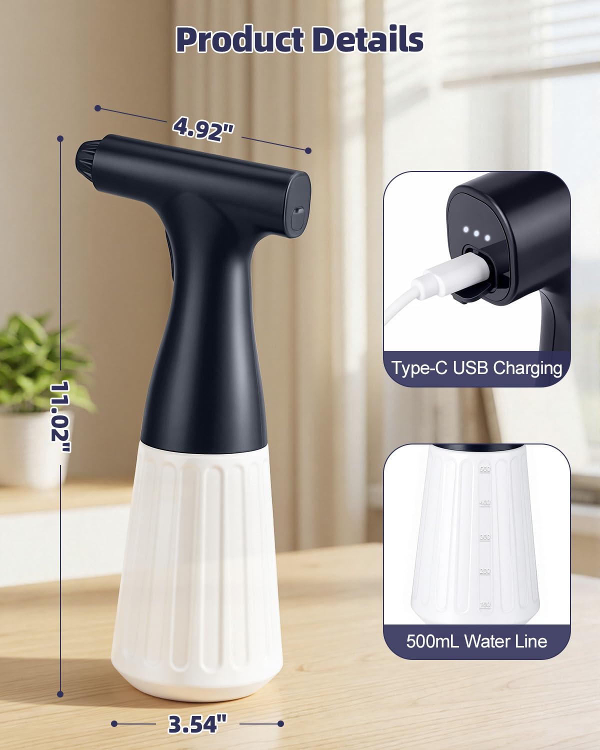 Wedama Electric Spray Bottle, 17 oz Empty Spray Bottles Automatic Spray Bottle Continuous Spray Bottle Rechargeable Sprayer with Adjustable Nozzle for Cleaning, Plant, Hair, Skincare, Pet (1 Pack)