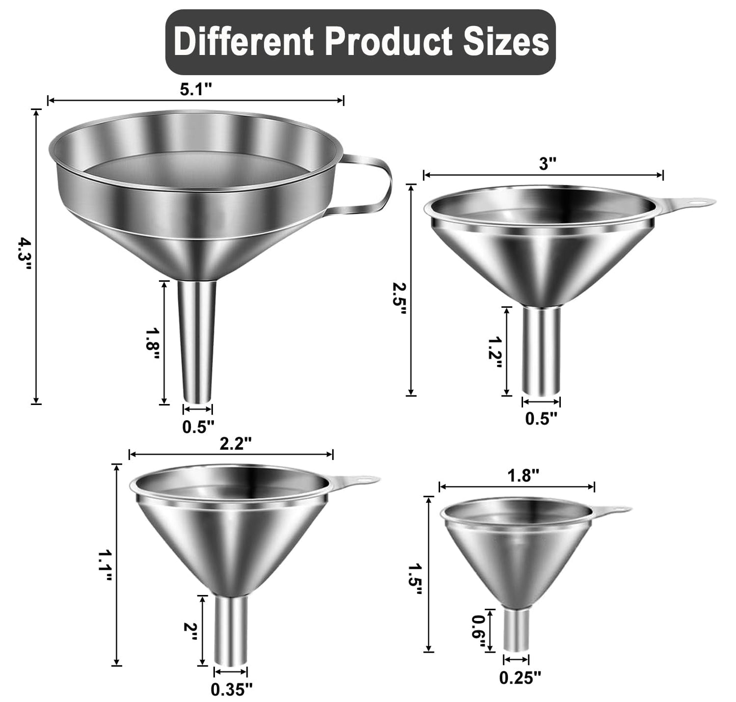 Lmoszuak Stainless Steel Funnels for Kitchen use,4PCS Kitchen Metal Funnel with 2 Removable Strainer,Cleaning Brush.Funnel for Filling Bottles,for Transferring of Liquid,Oils,Jam (5.1",3",2.2",1.8")