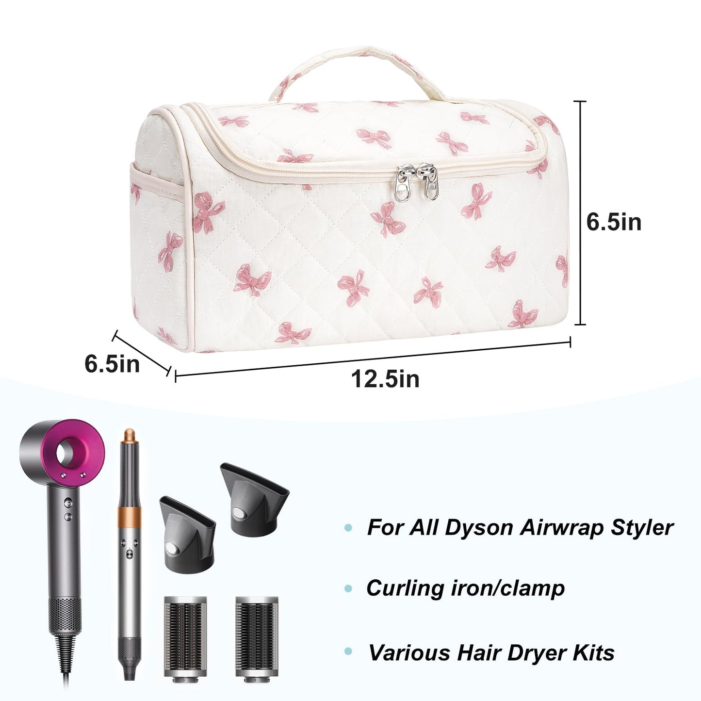 idoltimes Quilted Hair Tools Travel Bag, Cute Portable Organizer Case with Hanging Hook, Compatible with Dyson Airwrap Styler,Hair Curler Accessories