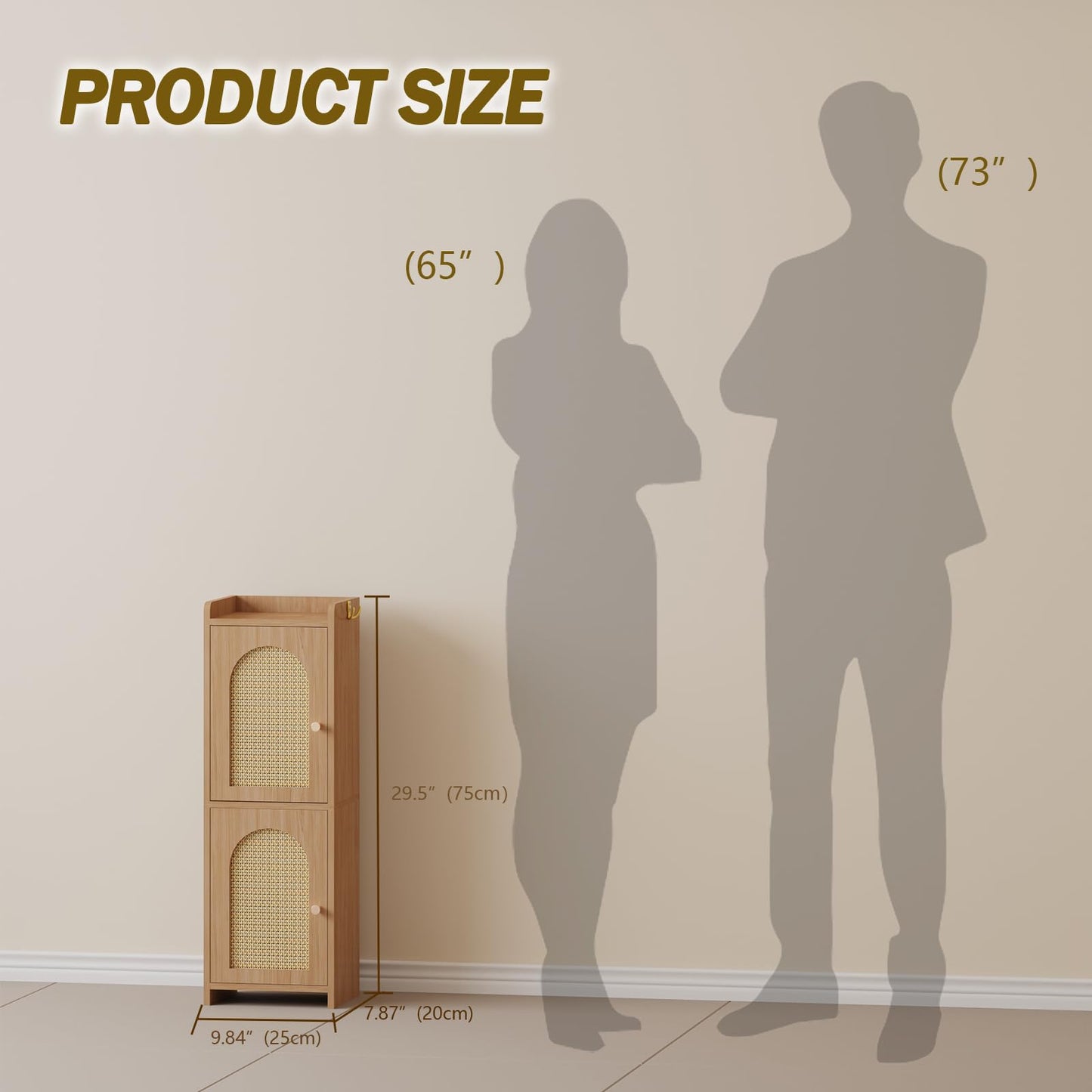 Arbuxzuy Rattan Bathroom Storage Cabinet,Corner Floor Cabinet with 2 Doors and Adjustable Shelf, Narrow Toilet Paper Cabinets with 2Hooks,Toilet Organizer for Small Spaces,7.87"D*9.84"W*29.72"H Oak