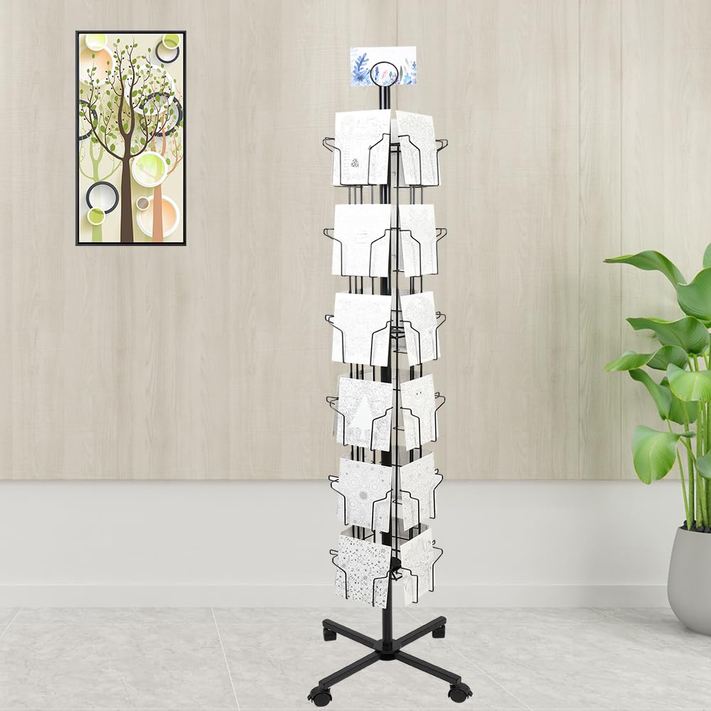 ZZJIA 6 Tier Rotating Greeting Card Display Stand with 24 Pockets, Metal Rack for Stickers,Postcard,Photocard,Brochures,CD disc (Black)