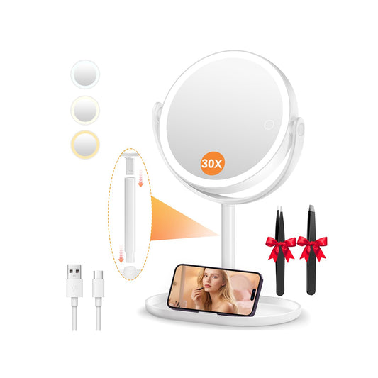 Auxmir Makeup Mirror with Lights, Double Sided 30X/1X Magnifying Mirror with Light, 3 Color Stepless Dimmable with Touch Screen, Rechargeable 360° Free Standing Vanity Mirrors for Bathroom, Bedroom