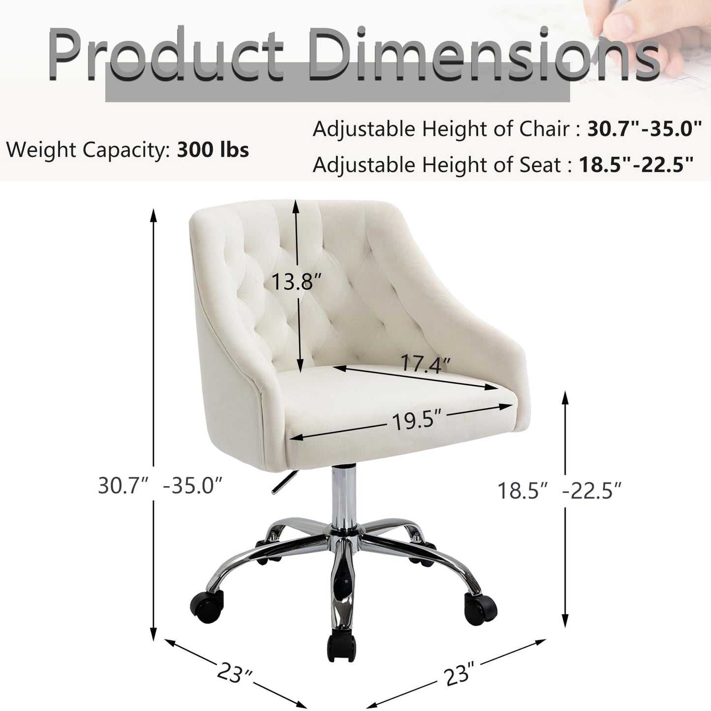 MOJAY Velvet Office Swivel Chair, Vanity Fabric Desk Pretty Fancy Gold Office Chairs for Girls, 360°Swivel Height Adjustable Reception Chair (White)