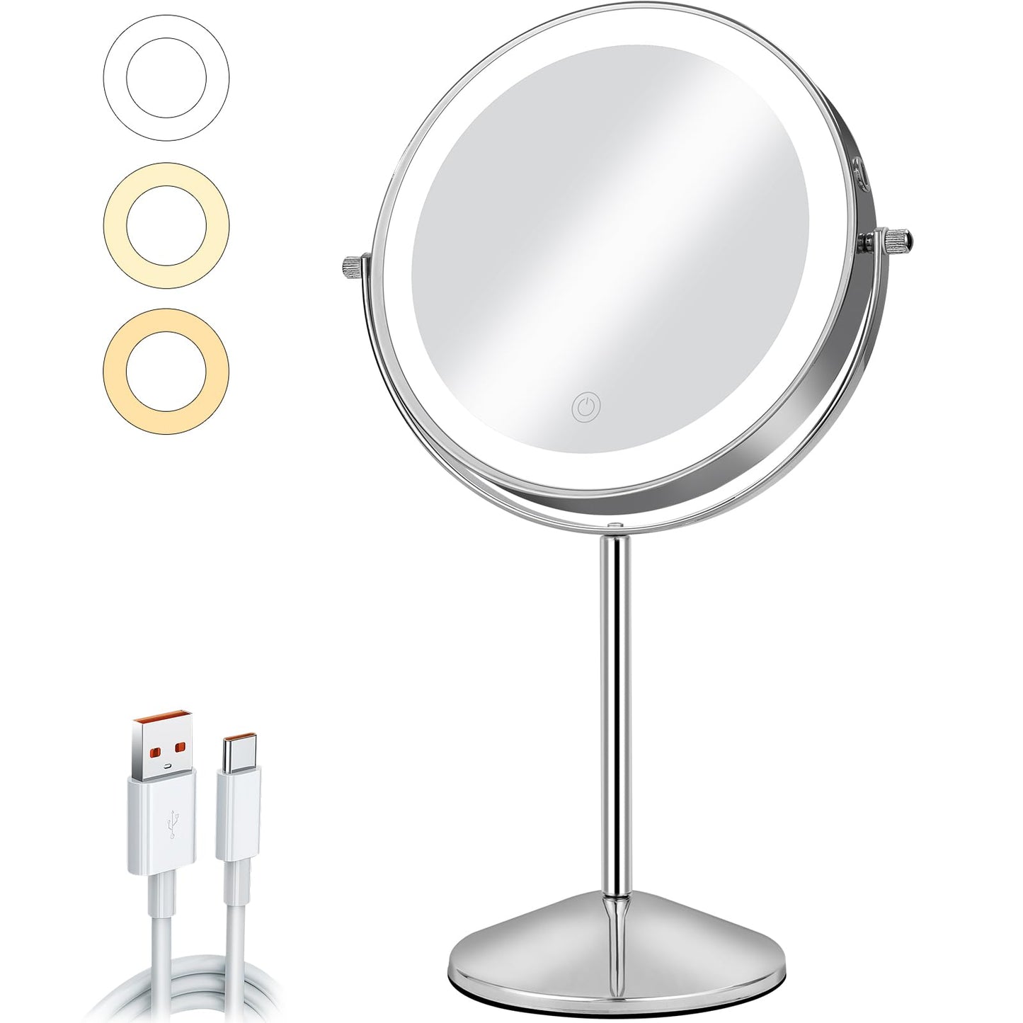 AumVum 8" Makeup Mirror with Lights, Vanity Mirror with 1X/10X Magnification, Touch Screen 3 Colors Dimmable 54 LED Lights Brightness Adjustable 360° Rotation for Tabletop