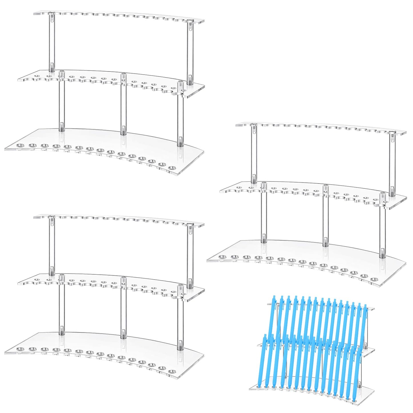XEQWZVFR 3 Sets Acrylic Pen Display Stand 2 Tier Clear Pen Display Stand Rack Pencil Holder with Installation Tool,30 Slots 1.3cm/0.51" Brush Showing Stand Desk Crayon Display Stands for Vendor Events
