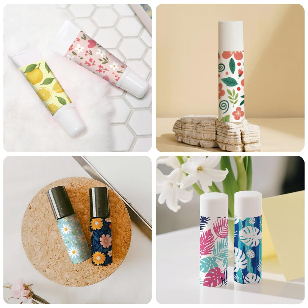 Peacoblue 160Pcs Lip Balm Labels Sticker for Tubes 2.1"x1.7" Solid Floral Fruit Pattern, 8 Styles Waterproof Chapstick Labels Glossy for Homemade Lip Balm Container Wedding Party Holiday Gifts