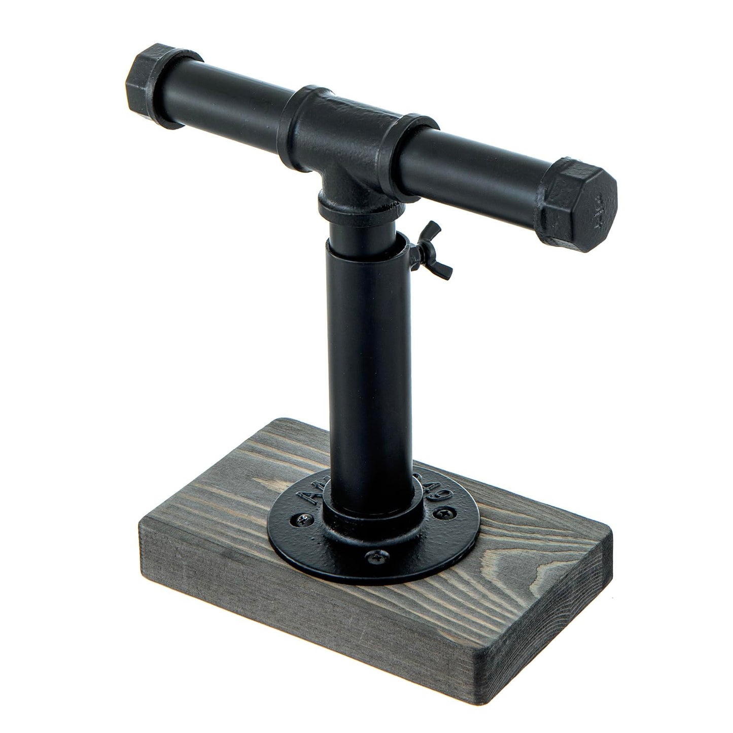 MyGift Adjustable Height Industrial Pipe Organizer Stand - Rustic T-Bar for Jewelry, Headphones, Medals, Kitchen Utensils & Display, Gray Wood Base (Black/Gray, Country Style)
