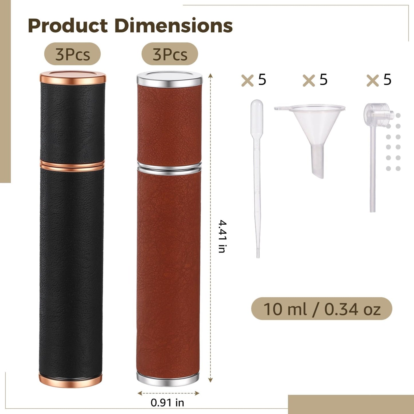 6 Pcs Leather Perfume Atomizer Travel Refillable - 10 ml / 0.34 oz Mini Cologne Spray Bottle, Portable Fragrance Empty Container with Dispensing Tools, Ideal for Travel Work Office (Black, Brown)
