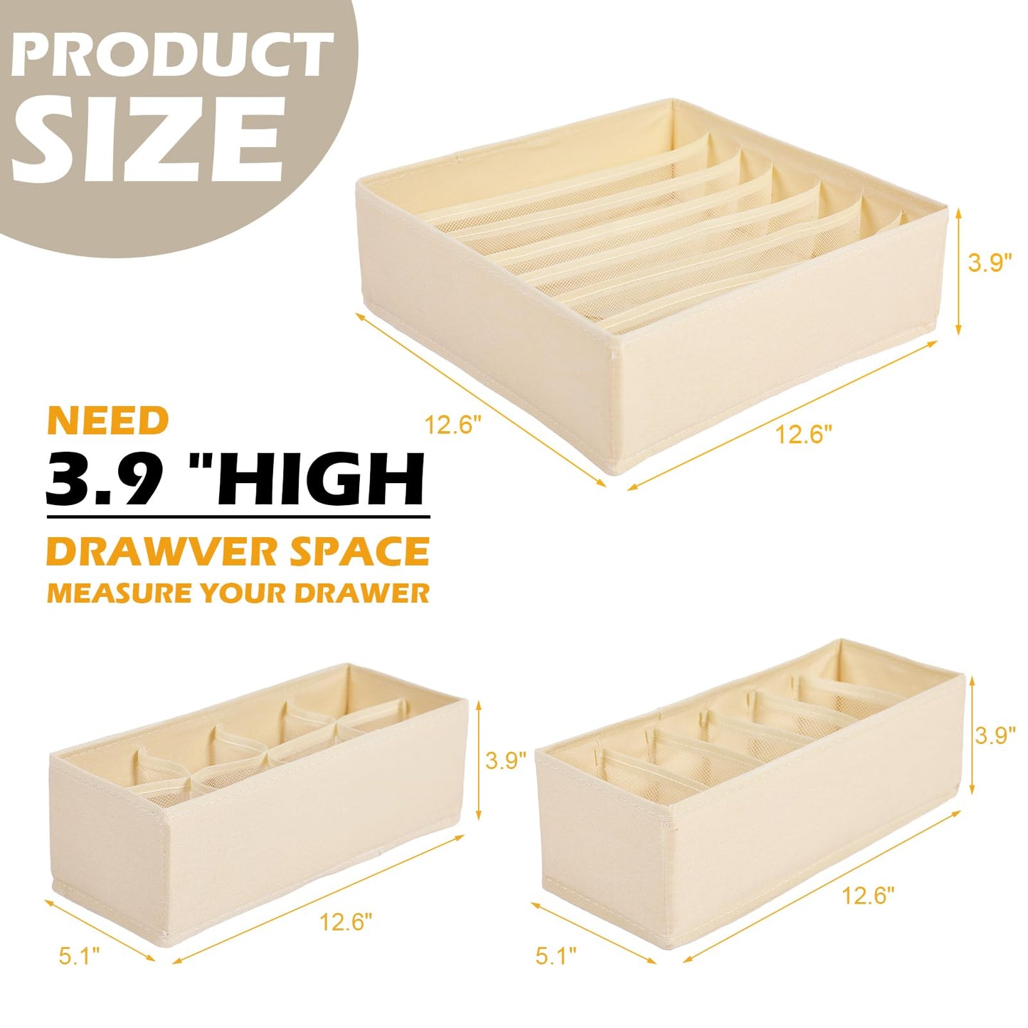 Soft Scarf Organizer for Closet Drawer 3 Set Fabric Storage Bins with 6, 7, and 8 Compartments for Scarves and Accessories Space Saving Closet Organizers Non Damaging Flexible Storage for Home (Beige)