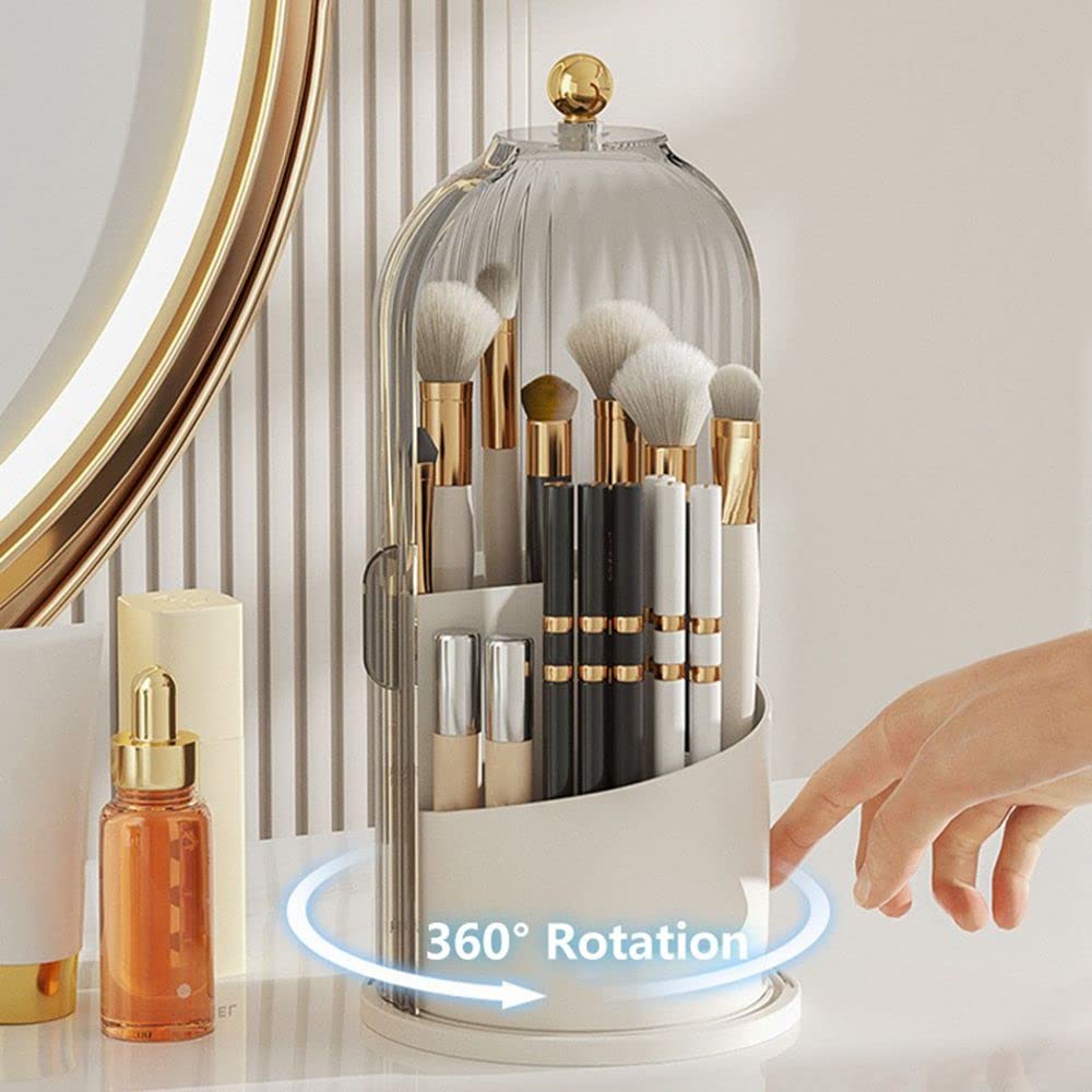 LZYLL Makeup Brush Holder Organizer with Lid-360° Rotating Luxury Cosmetic Organizer Makeup Organizer Lipstick Eyebrow Pencil Holder for Vanity Desktop Bathroom Countertop