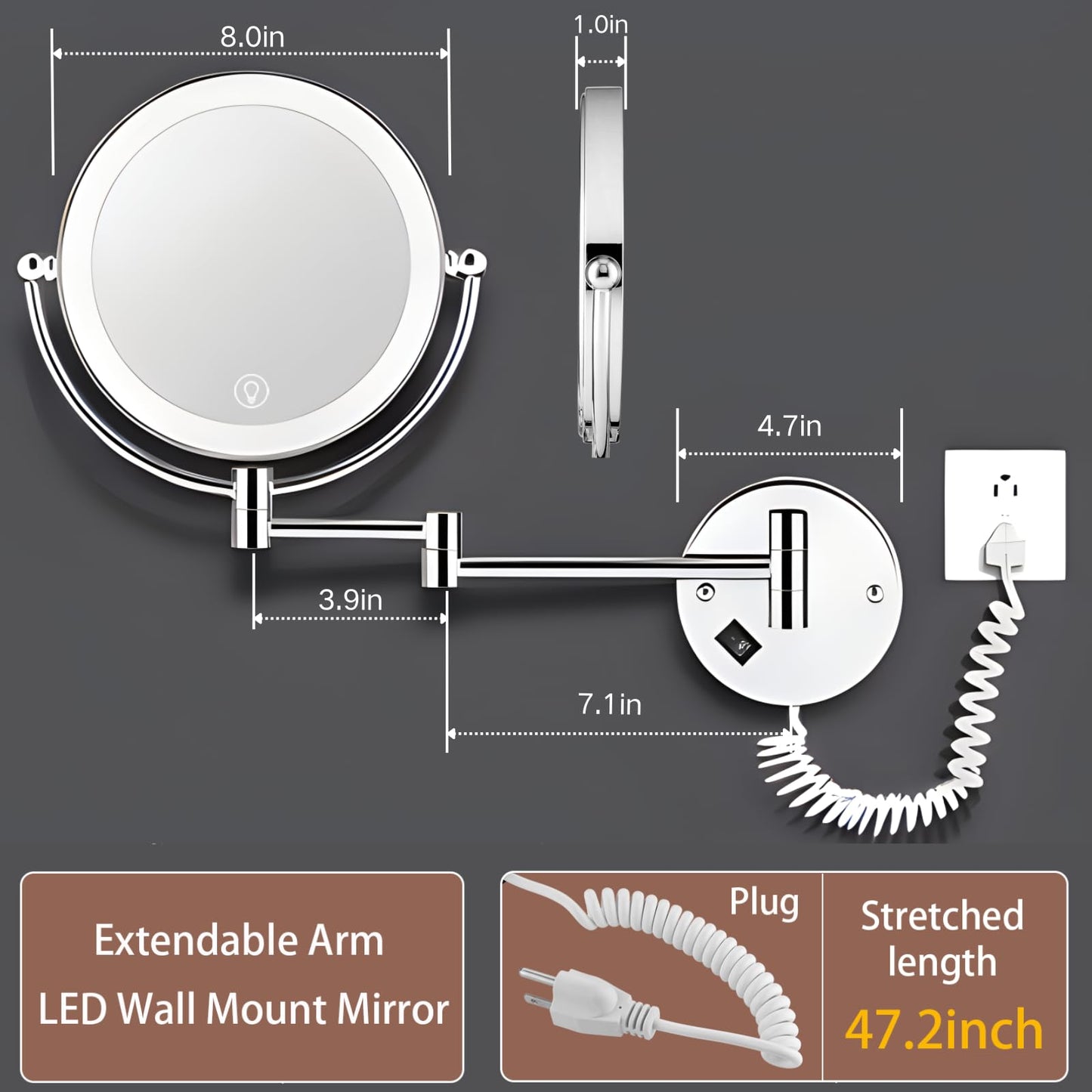 AMZNEVO Wall Mounted Makeup Mirror with Magnification, 8" 1X/10X Magnifying Mirror Wall Mounted for Bathroom, 3 Color Light, Touch Dimmable, 360° Swivel, Extendable Arm, 2-Sided, Plug-in & Hardwire