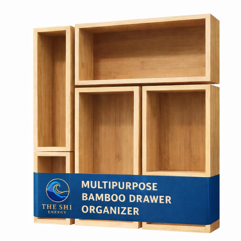 THE SHI ENERGY 5-Piece Bamboo Drawer Organizer Set – Versatile Storage Trays for Kitchen, Bathroom, Office, Makeup, Jewelry & More – Drawer Dividers, Utensil Organizer & Storage Bin Set (5 Pieces)
