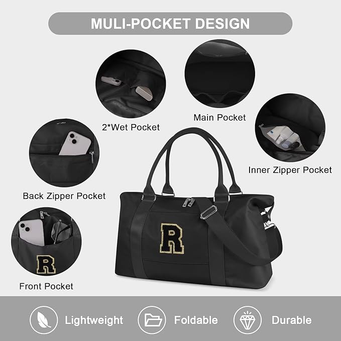Dance Gym Duffel Bag for Teen Girls, Personalized Initial Travel Weekender Bag,Cute Overnight Carry On Duffle for Women,Sports Travel Cheer Bag,Monogram Christmas Gifts for Tween Preppy(black-R)