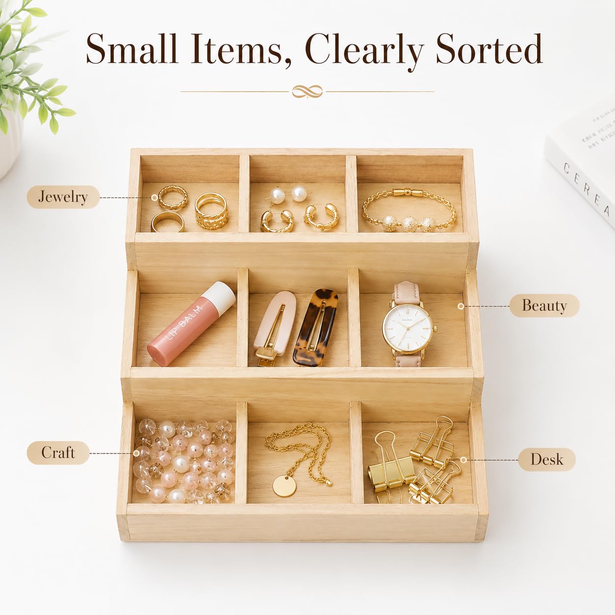 Zerodeko Multi-Layer Wooden Jewelry Storage Box with 9 Compartments Compact Jewelry Organizer for Earrings Necklaces Ideal for Vanity Office and Bedroom