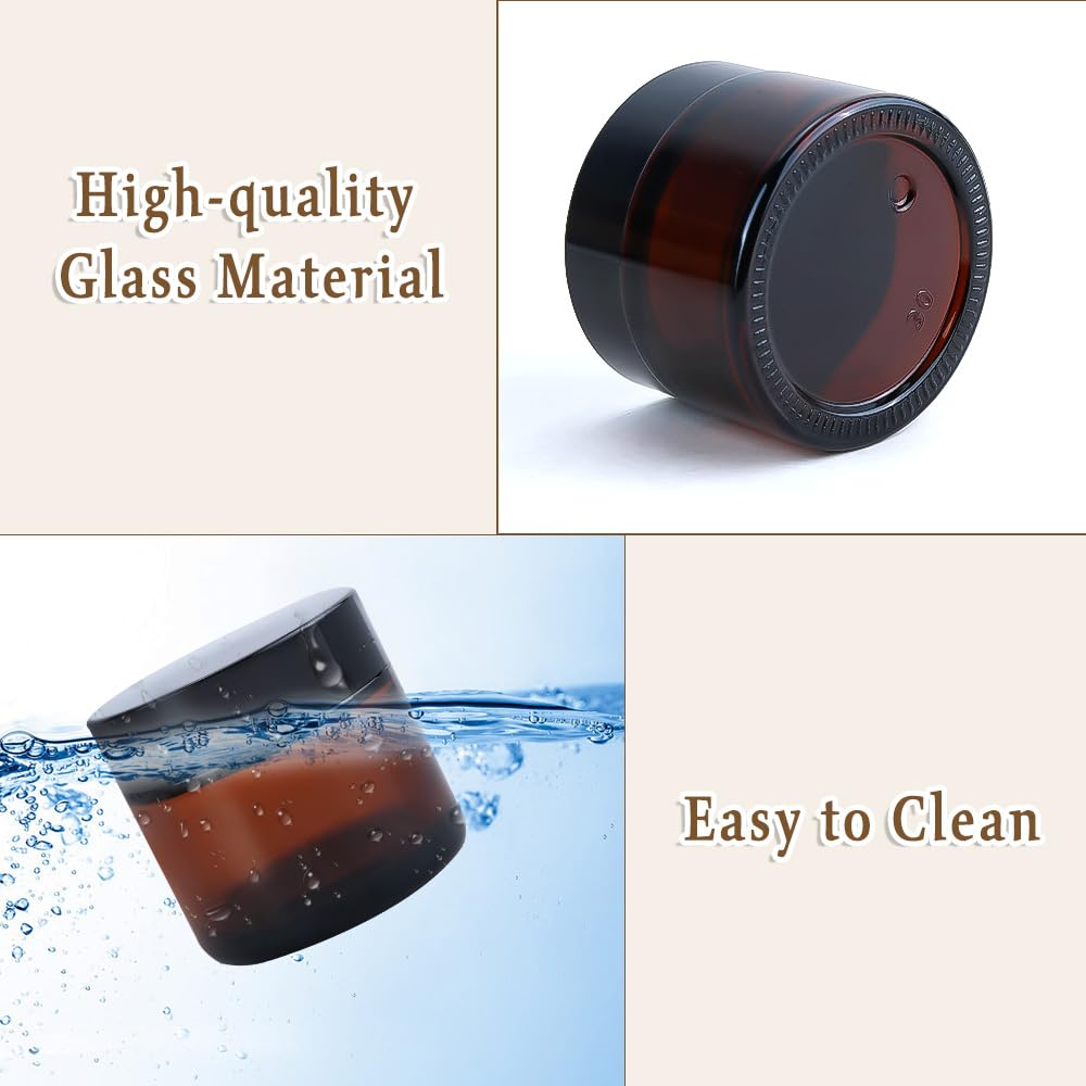 8PCS Amber Glass Jars, 1oz/2oz Cosmetic Containers with Inner Liners and Lids, Empty Round Sample Container with Label, Refillable Travel Jar for Cosmetics, Lotions, Creams