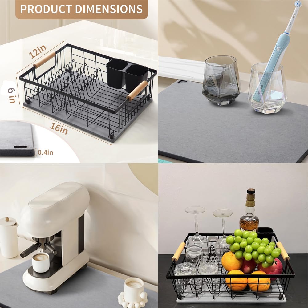 Dish Drying Rack with Stone Dish Drying Mat for Kitchen Counter, 16'' Lx 12''W Dish Drainer with Diatomaceous Earth Quick Dry Mat, Organization and Storage Essentials with Cup & Cutlery Holders