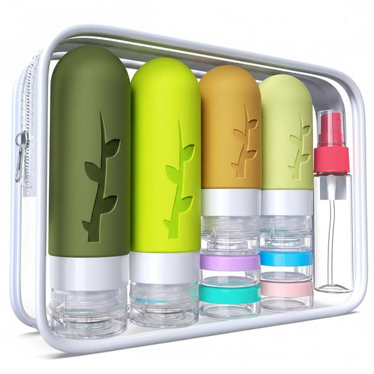 DEPOZA Travel Bottles Kit (16 Pack) - TSA Approved, Leak Proof Silicone Squeezable Containers for Toiletries. Complete Set with Jars, Sprayers & Bag (M-Green)