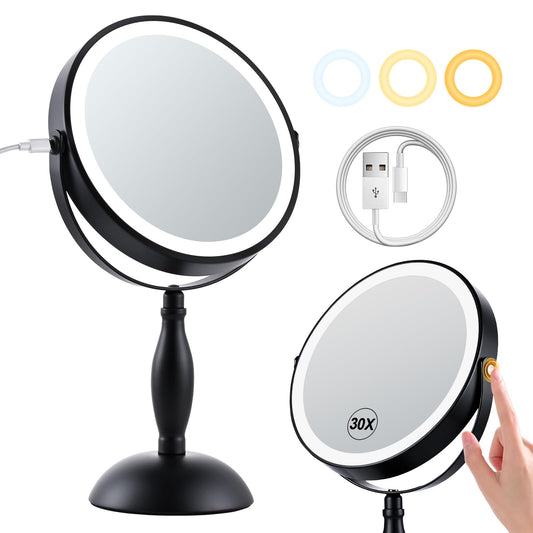 DASLAVA 30X Magnifying Mirror with Lights, 8" Dual Sided (1X/30X) Lighted Makeup Mirror, 360° Swivel, 5000mAh Rechargeable Side Touch & Side Charging, 3 Colors & Dimmable Brightness