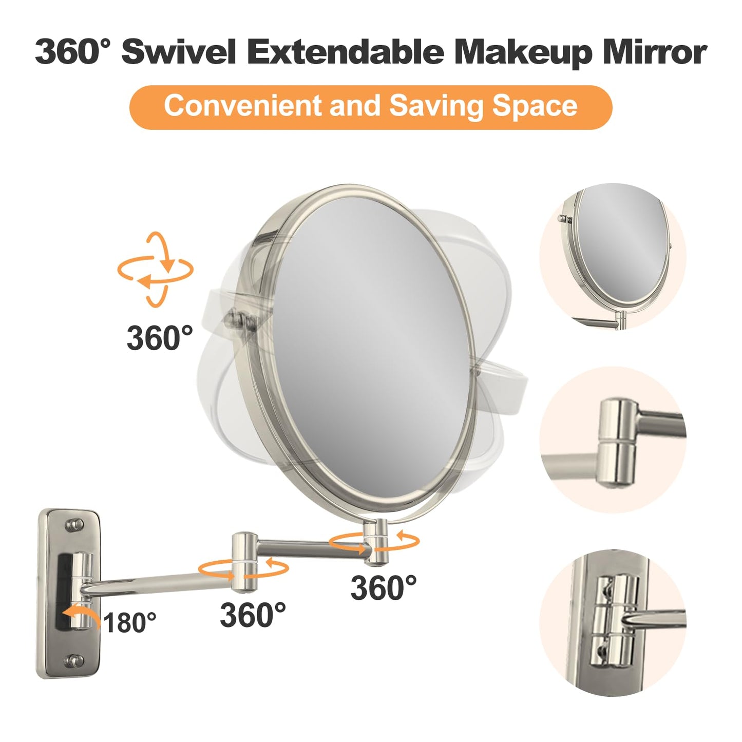 FFowcye 8" Wall Mount Magnifying Mirror, 1X/10X Double-Sided Makeup Mirror Wall Mounted with Extendable Folding Arm, 360° Rotation, Brushed Nickel, Perfect for Shaving & Makeup in Bathroom (No Light)