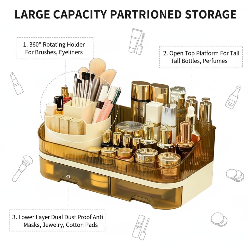 Tidyladyo Makeup Organizer Countertop with Dual Drawers, Large Capacity Cosmetic Storage for Vanity Bathroom Skincare, 360° Rotating Makeup Brush Holder